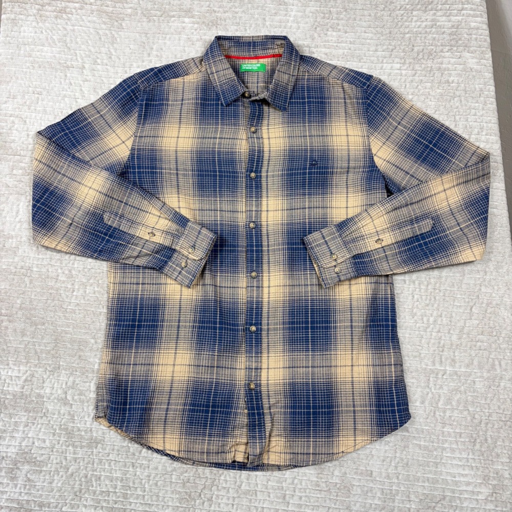 United Colors of Benetton Mens Large Blue Tan Plaid Cotton Button Down Shirt